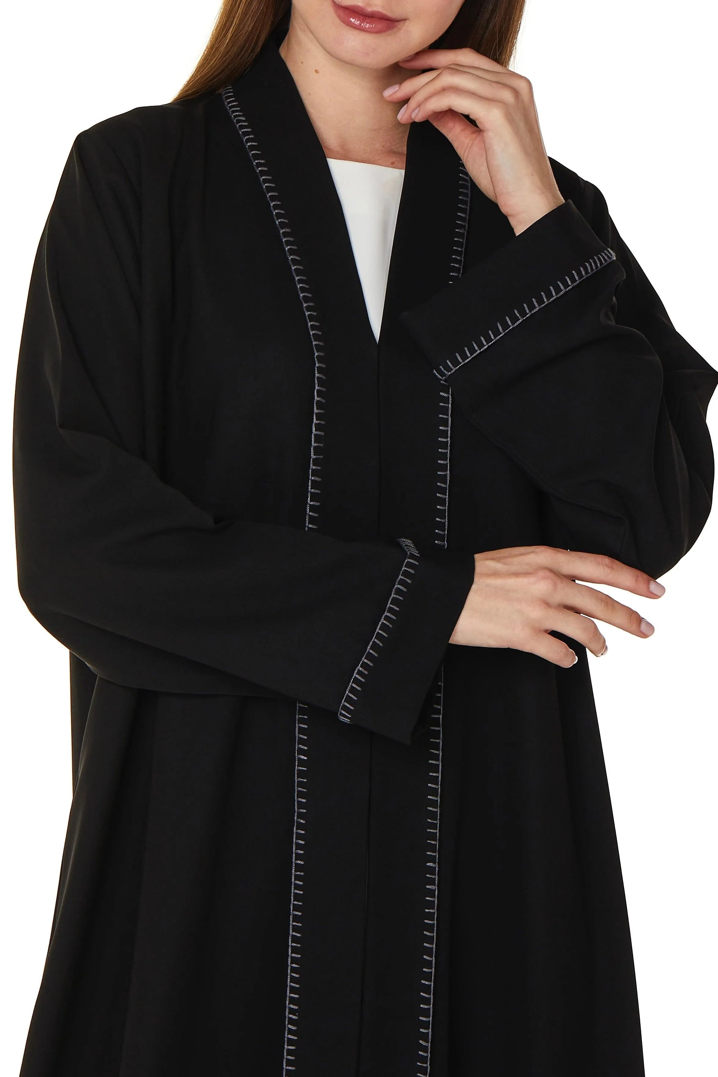 Black Nova Crepe Abaya with Front Stitch Collar - Posh Abaya