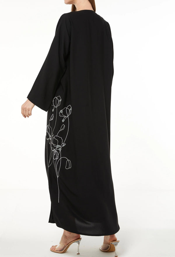 Black Aria Crepe Custom Abaya with Side Floral Embroidery