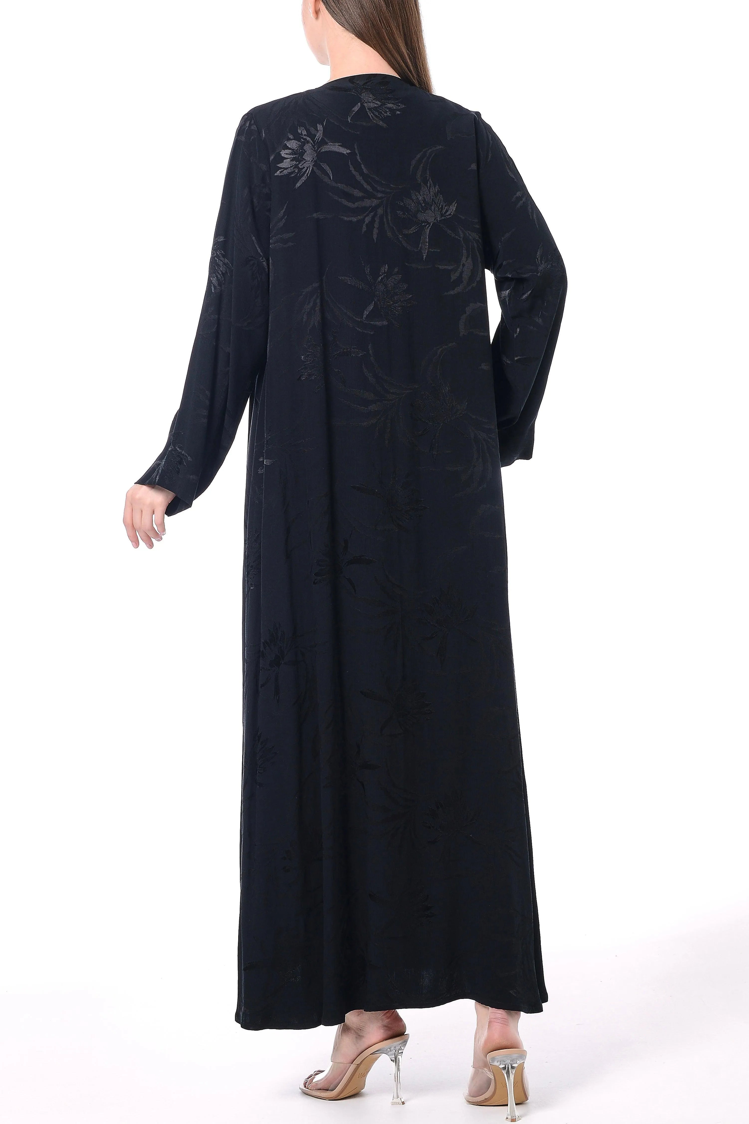 Black Flora Cupro Abaya with Front Overlap Detail - Posh Abaya