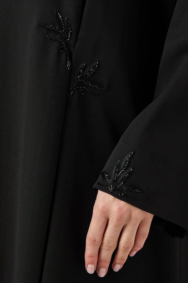 Black Emarati Crepe Custom Abaya with Front Pleats and Threadwork