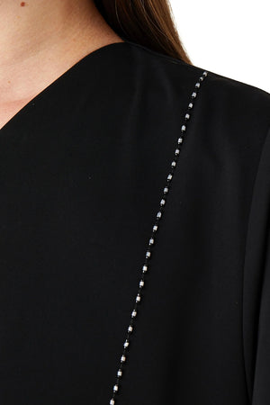 Black Royal Nada Abaya with Front Beaded Cuts and Floral Beadwork Detail - Posh Abaya