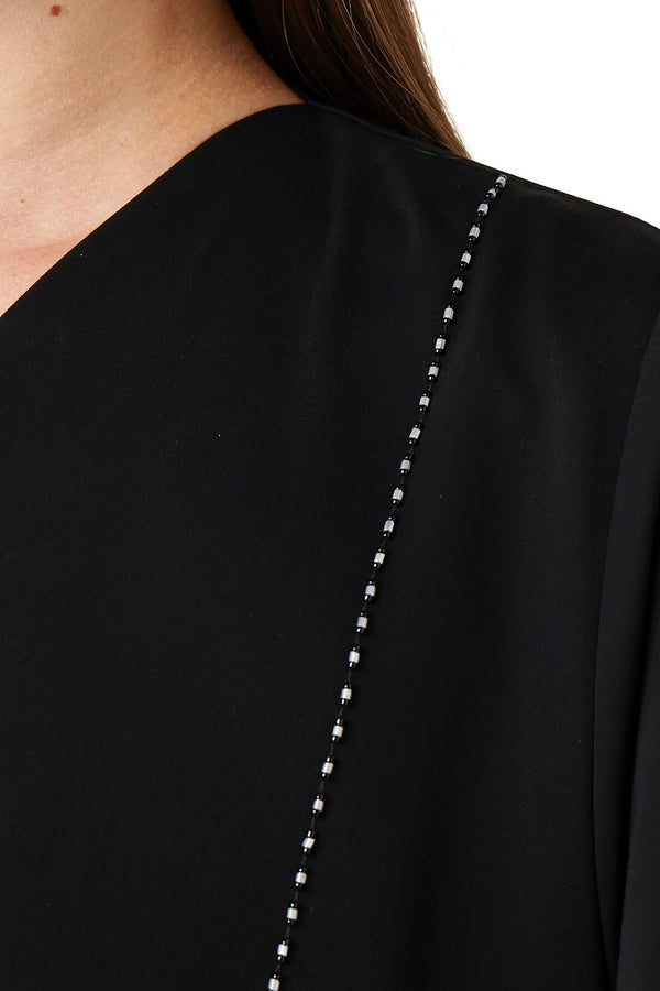 Black Royal Nada Abaya with Front Beaded Cuts and Floral Beadwork Detail - Posh Abaya