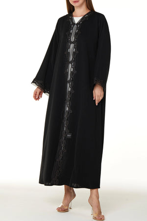 Black Royal Nada Abaya with Tulle and Copper Lacework Detail - Posh Abaya