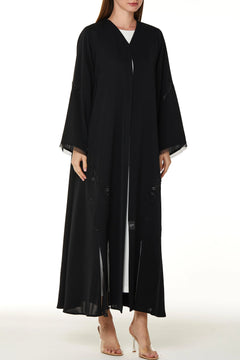 Black Royal Nada Custom Abaya, Side Beadwork with Pintuck Panels