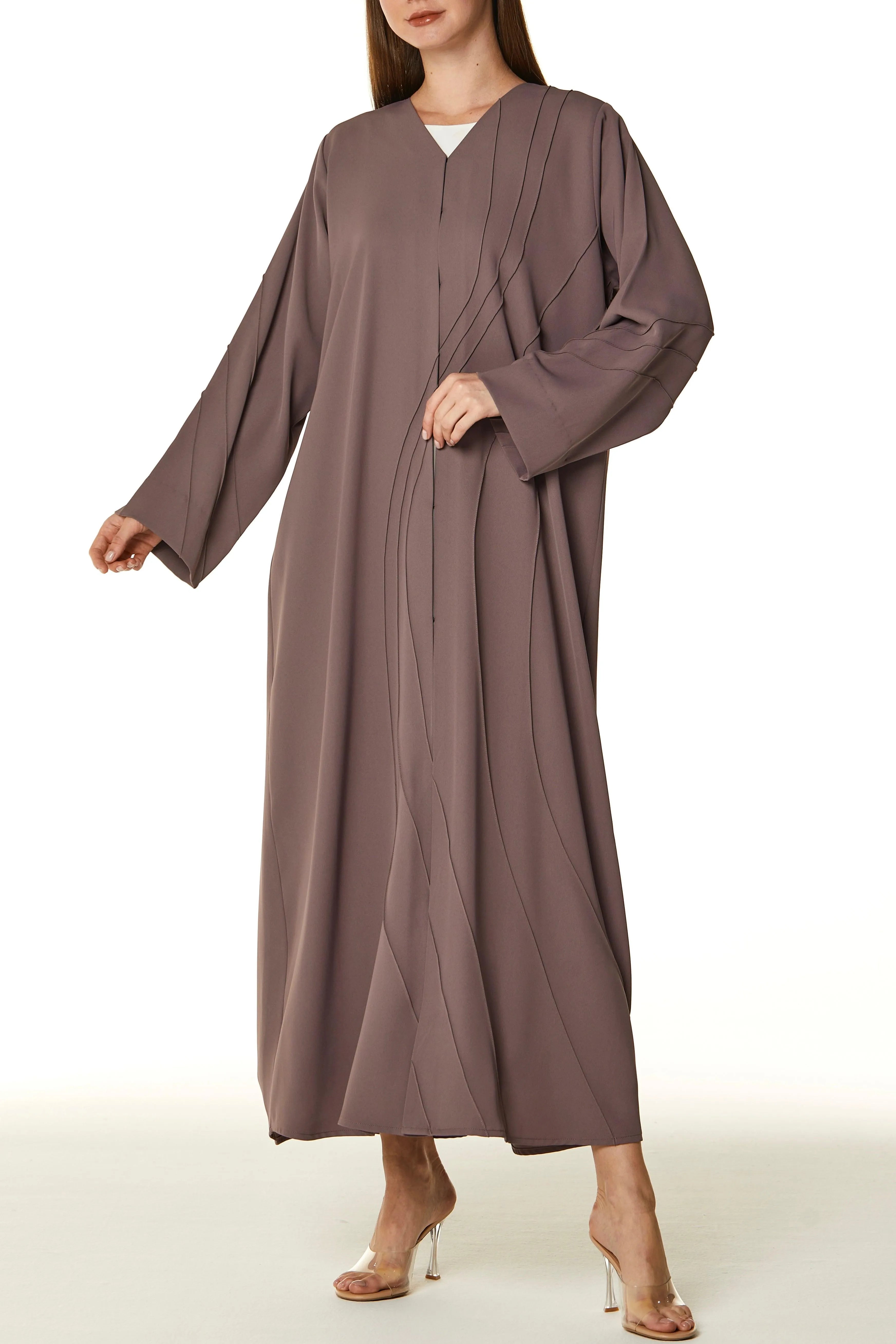 Pink Layan Crepe Abaya with Asymmetric Pintucks - Posh Abaya