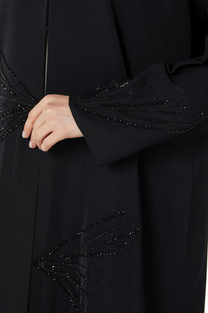 Black Crepe Ready Triangle Custom Abaya with Front Scattered Beadwork