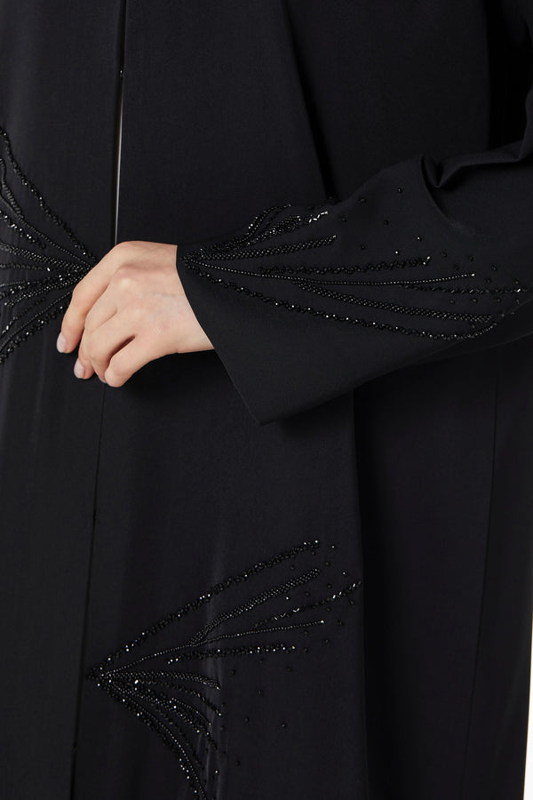 Black Crepe Ready Triangle Custom Abaya with Front Scattered Beadwork