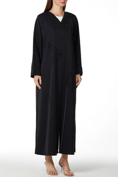 Black Crepe Ready Triangle Custom Abaya with Front Scattered Beadwork