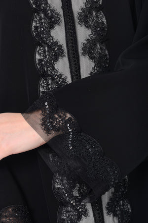 Black Royal Nada Abaya with Side French Tulle and Front Beadwork Detail - Posh Abaya