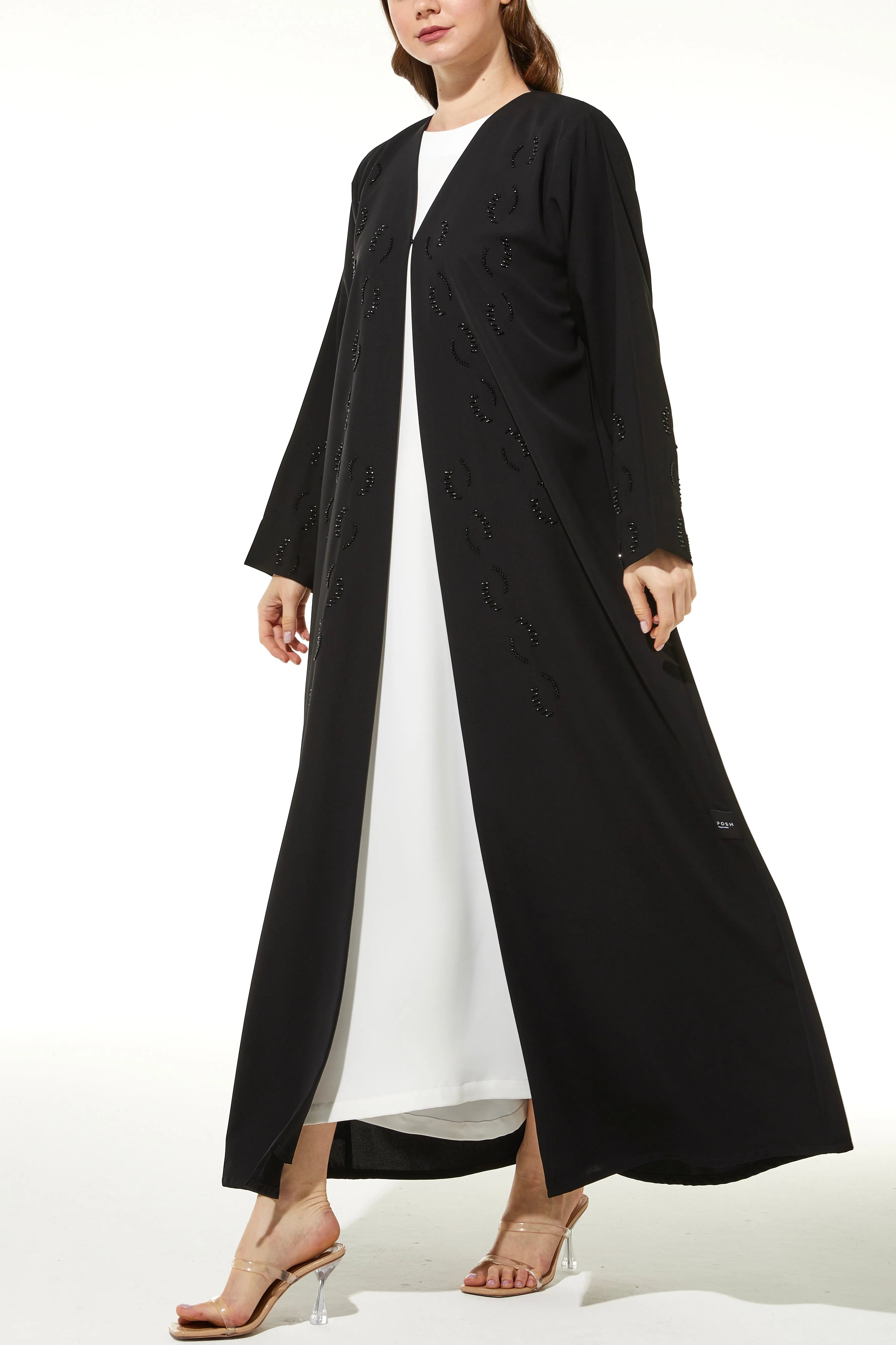 Crepe Silver touch Beaded Black Abaya - Posh Abaya
