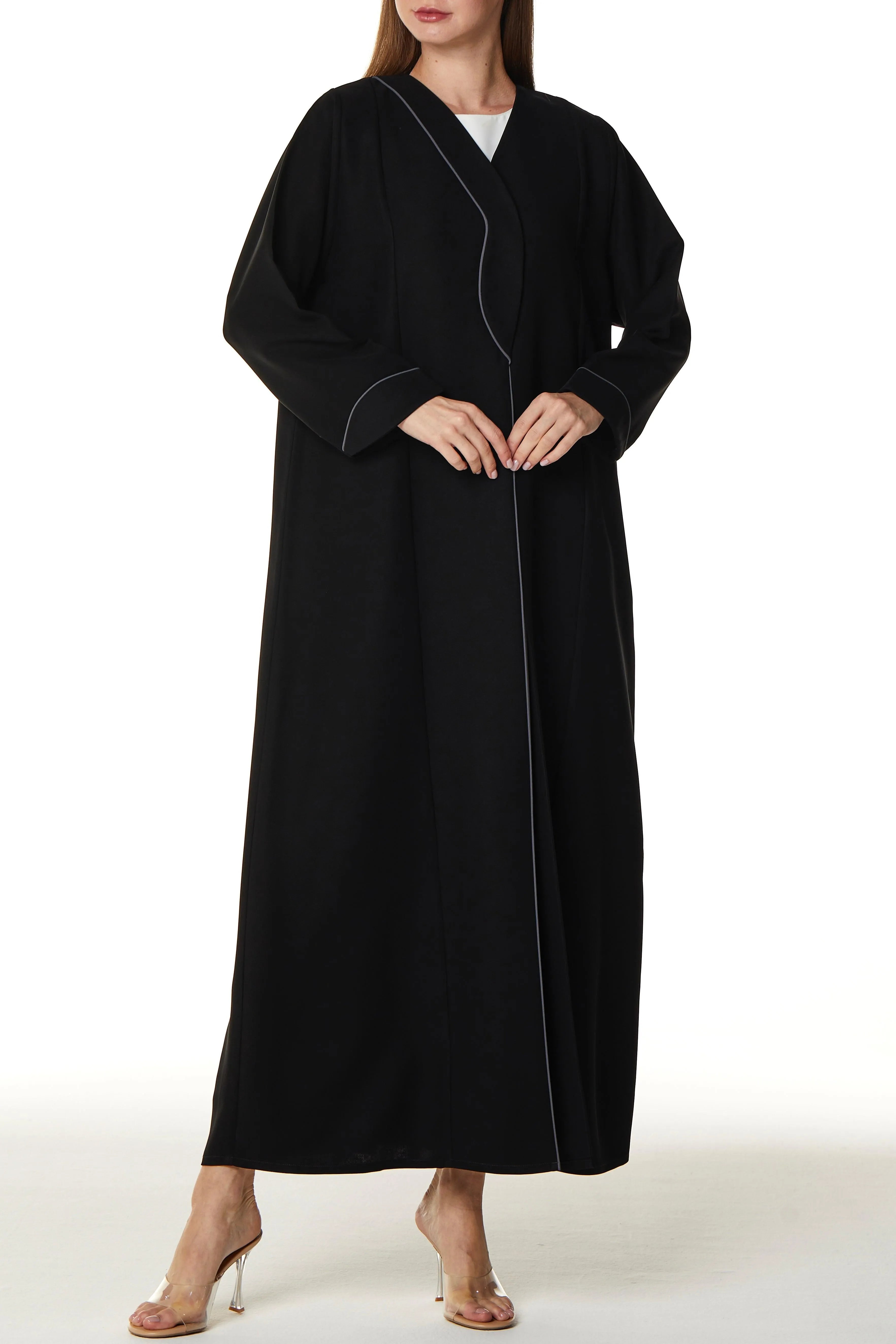 Black Melanie Crepe Abaya with Front Overlap and Edge Piping - Posh Abaya
