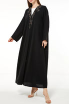 Black Aria Crepe Bisht Abaya with Front Floral Embroidery - Posh Abaya