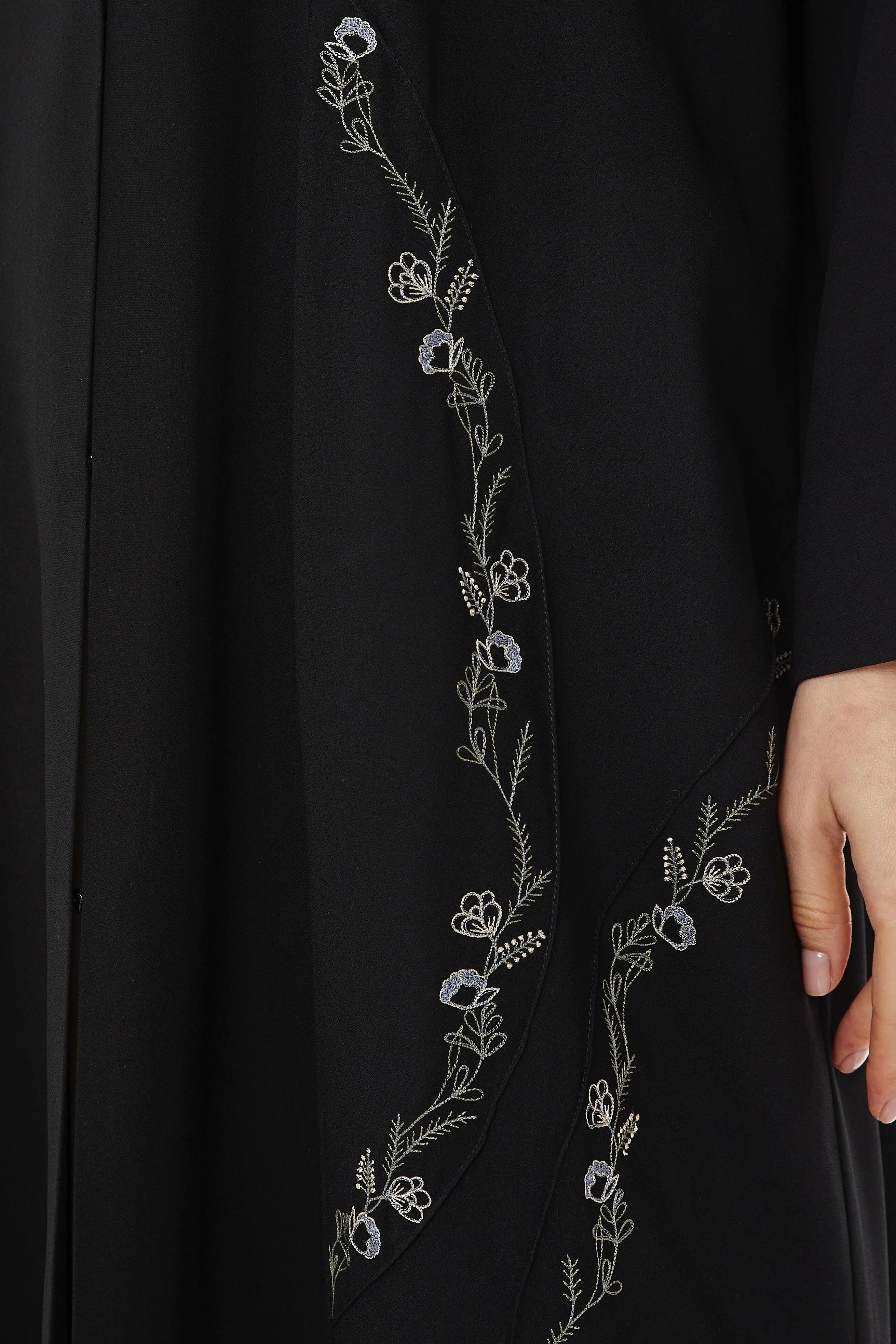 Black Acacia Crepe Abaya with Embroidered Front Cuts - Posh Abaya