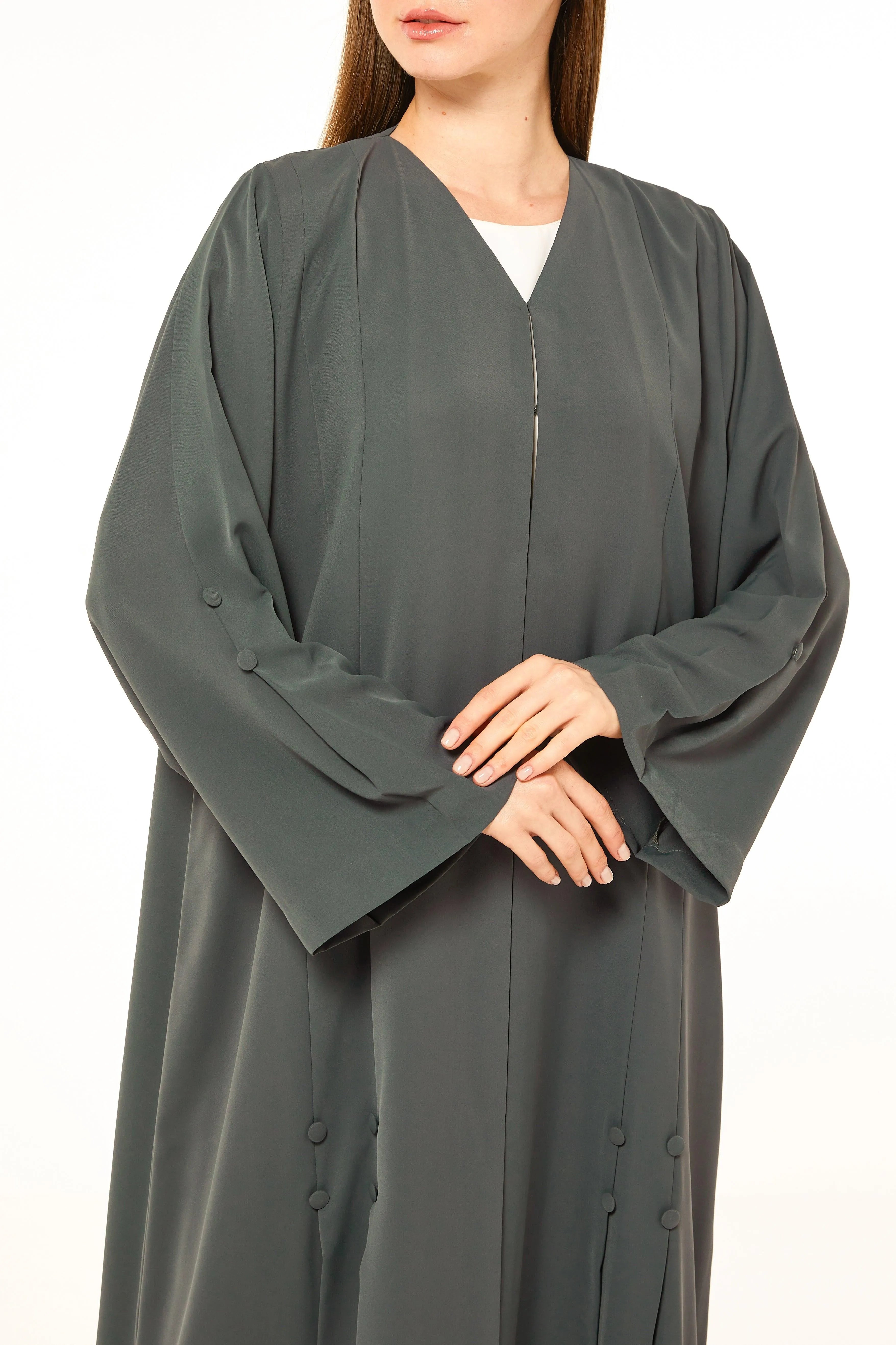 Light Green Remi Crepe Abaya with Sleek Pleat Buttons - Posh Abaya