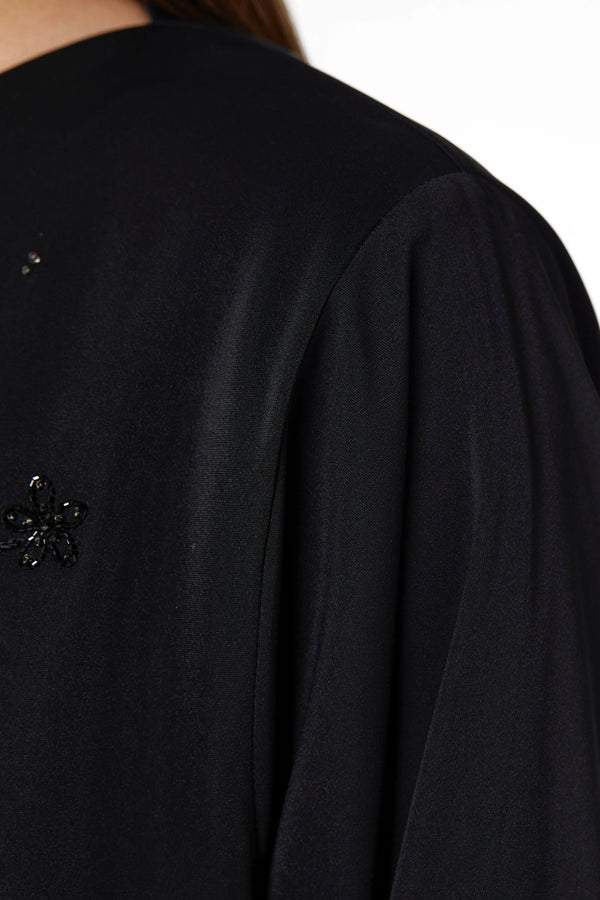 Black rose Crepe Custom Abaya with Front Floral Threadwork