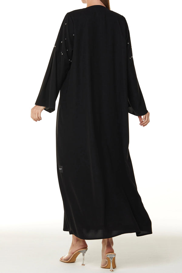Black Aria Crepe Custom Abaya with Front Pleats with Beaded Front Panel and Flared Sleeves