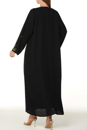 Black Farasha Crepe Custom Abaya with Front Vibrant Floral Scatter Embroidery