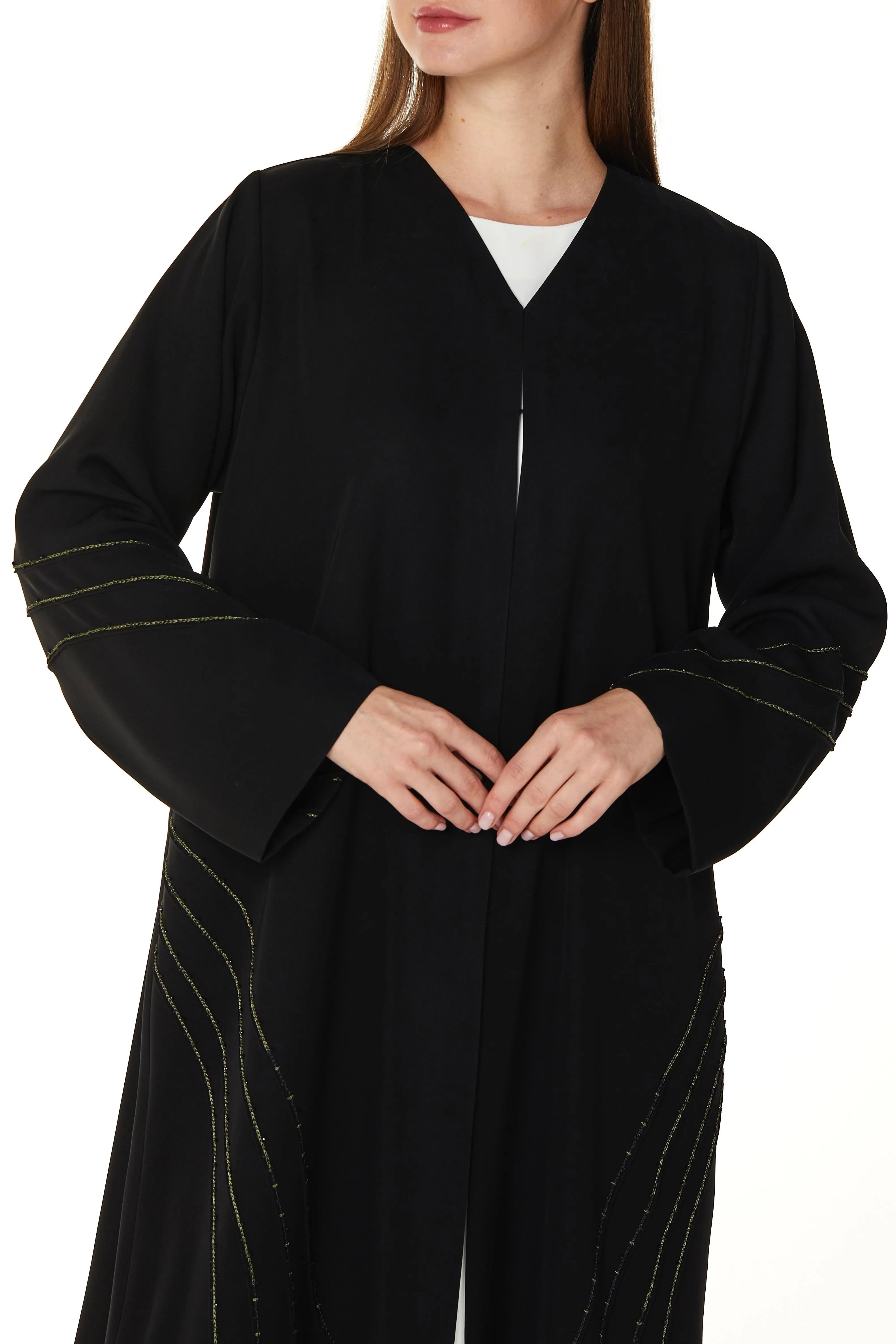 Black Farasha Crepe Abaya with Abstract Line Threadwork - Posh Abaya