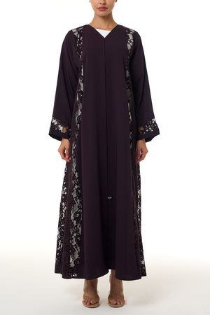 Purple Atlas Crepe Abaya, Lace Detail
