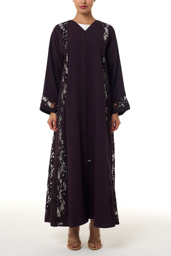 Purple Atlas Crepe Abaya, Lace Detail