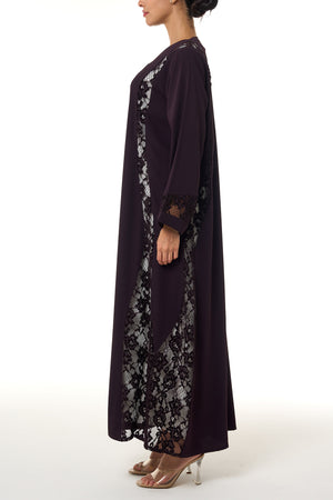 Purple Atlas Crepe Abaya, Lace Detail