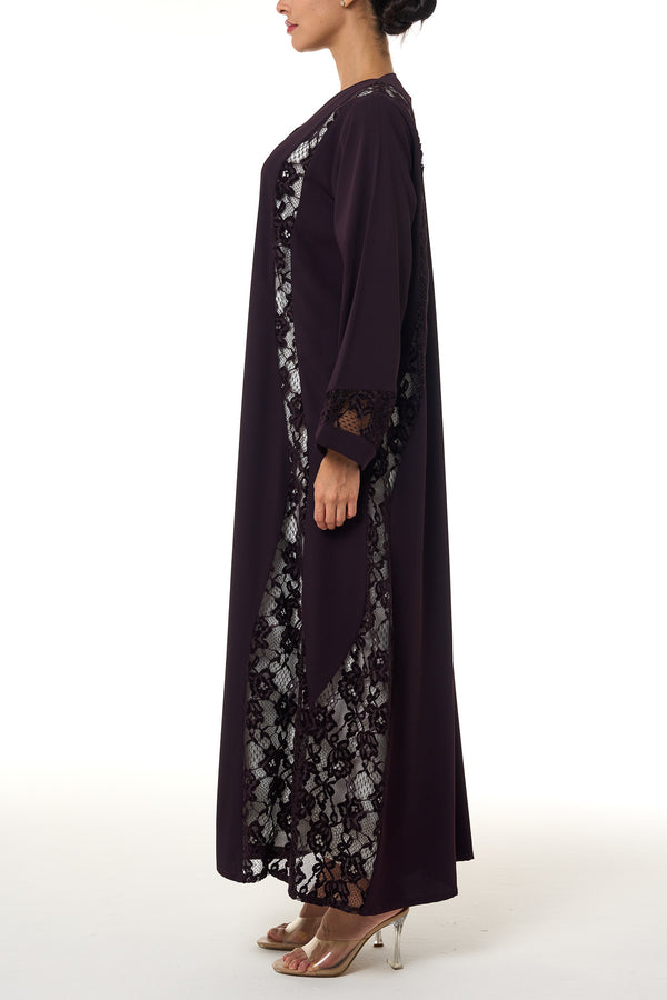 Purple Atlas Crepe Abaya, Lace Detail