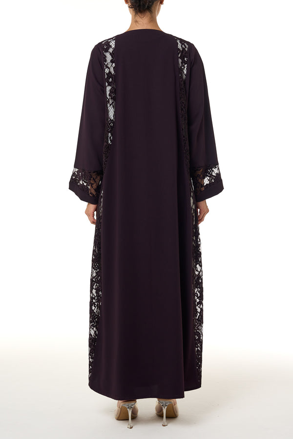 Purple Atlas Crepe Abaya, Lace Detail