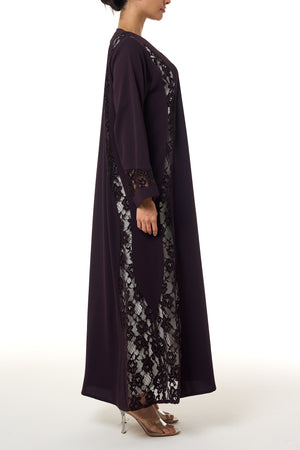 Purple Atlas Crepe Abaya, Lace Detail