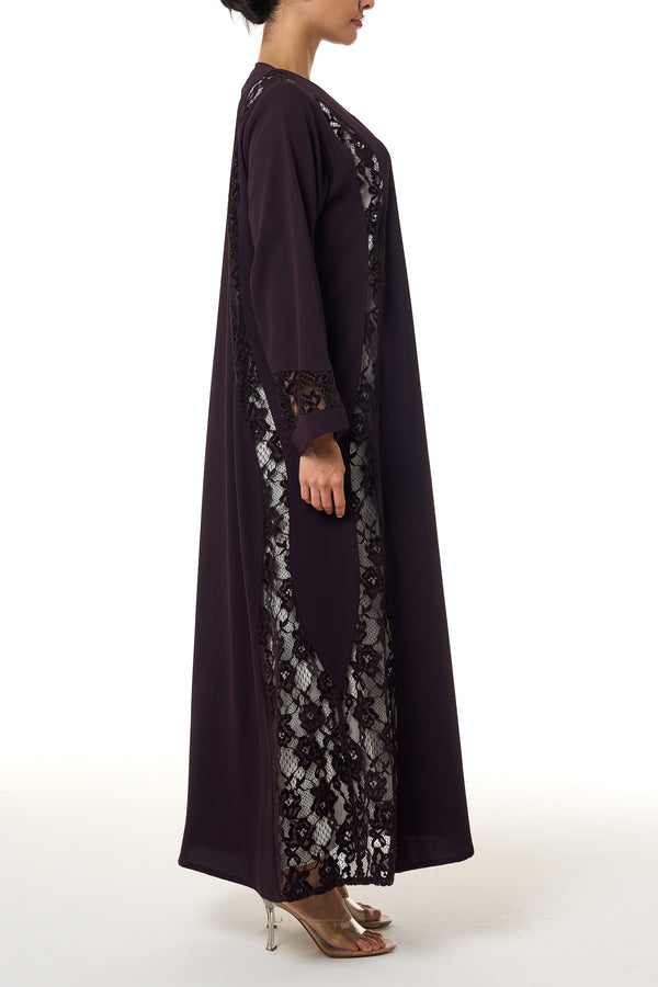 Purple Atlas Crepe Abaya, Lace Detail