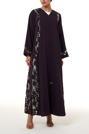 Purple Atlas Crepe Abaya, Lace Detail