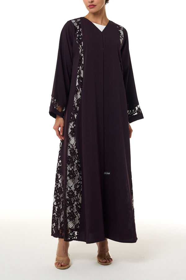 Purple Atlas Crepe Abaya, Lace Detail