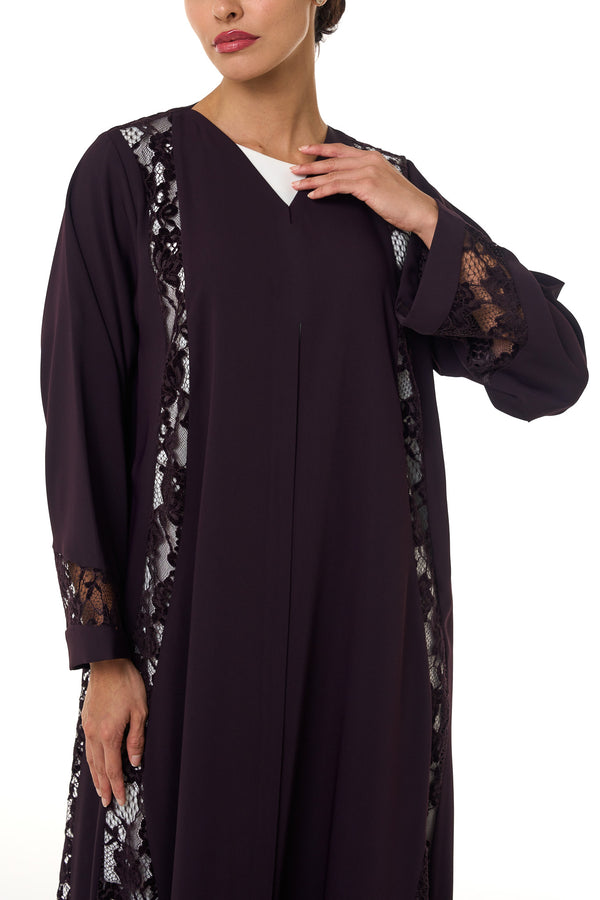 Purple Atlas Crepe Abaya, Lace Detail