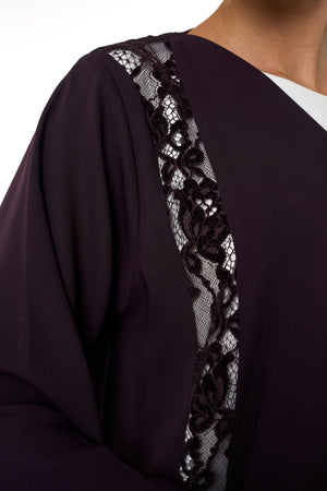 Purple Atlas Crepe Abaya, Lace Detail