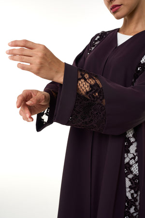 Purple Atlas Crepe Abaya, Lace Detail