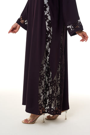 Purple Atlas Crepe Abaya, Lace Detail
