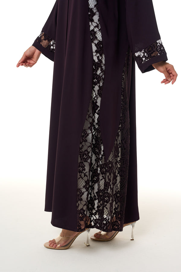 Purple Atlas Crepe Abaya, Lace Detail