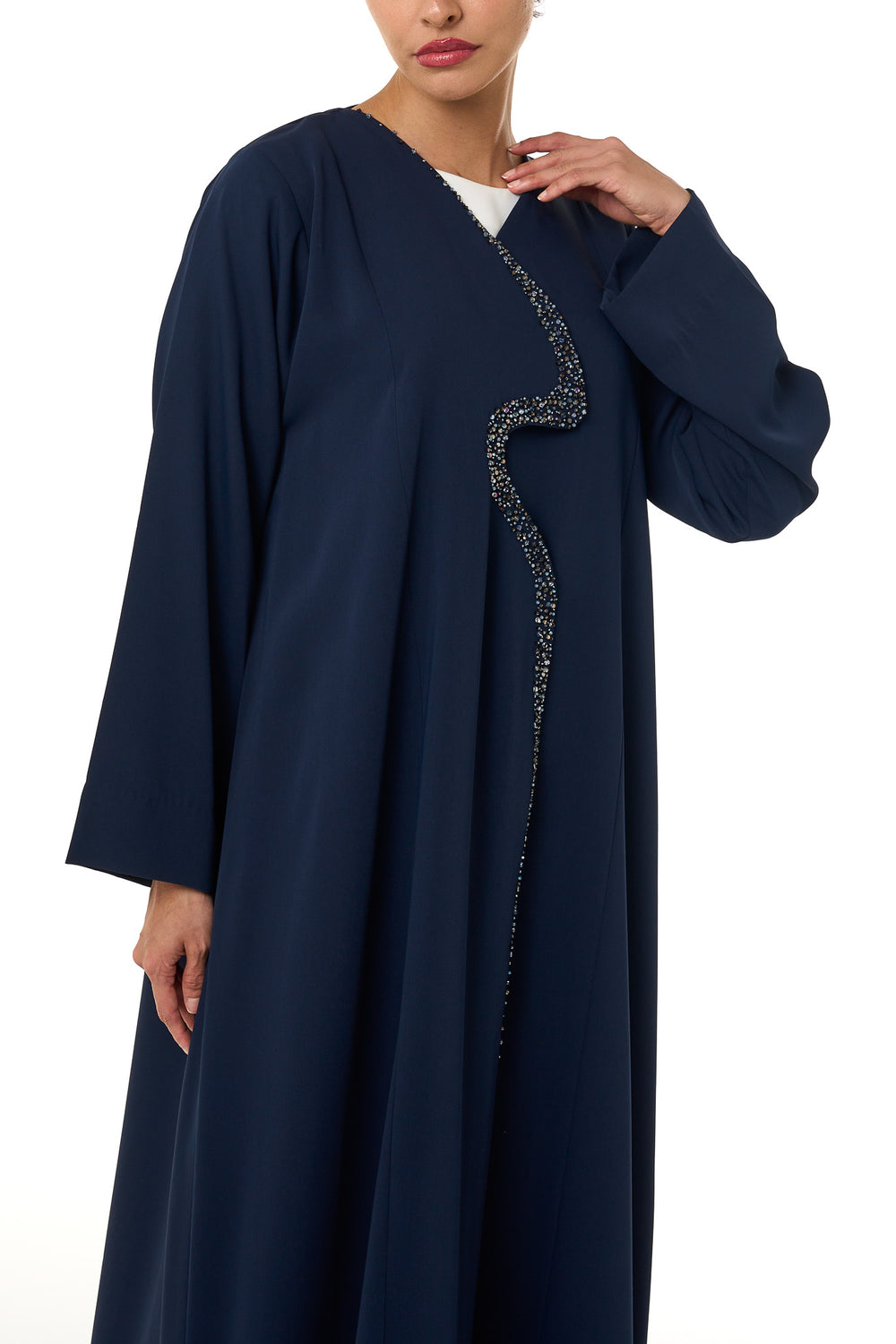 Blue Zoe Crepe Abaya, Front Beadwork