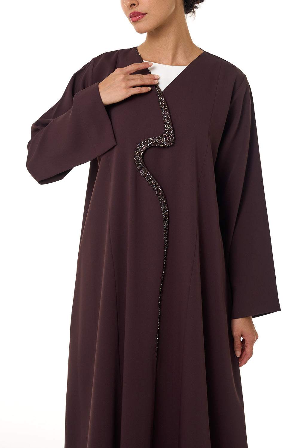 Brown Zoe Crepe Abaya, Front Beadwork
