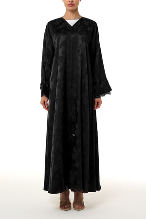 Black Shaina Jacquard Abaya, Lace Detail