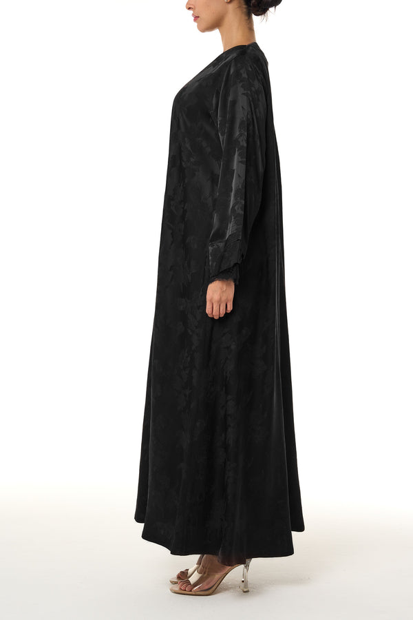 Black Shaina Jacquard Abaya, Lace Detail