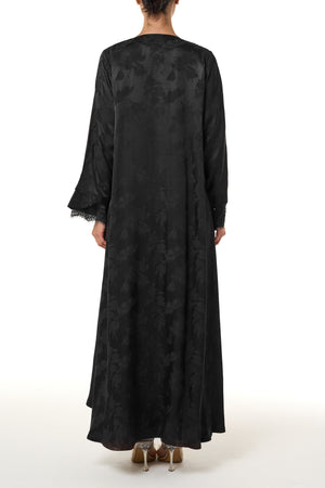 Black Shaina Jacquard Abaya, Lace Detail
