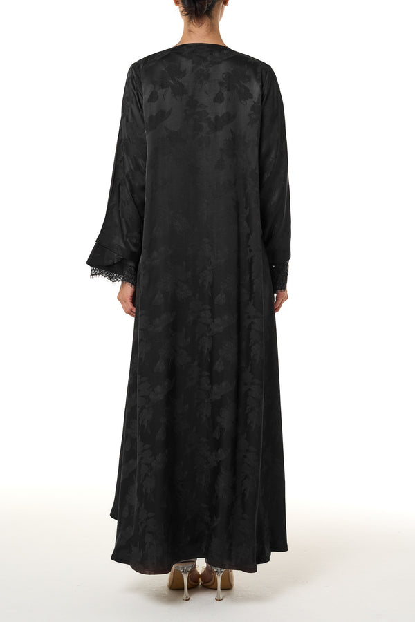 Black Shaina Jacquard Abaya, Lace Detail