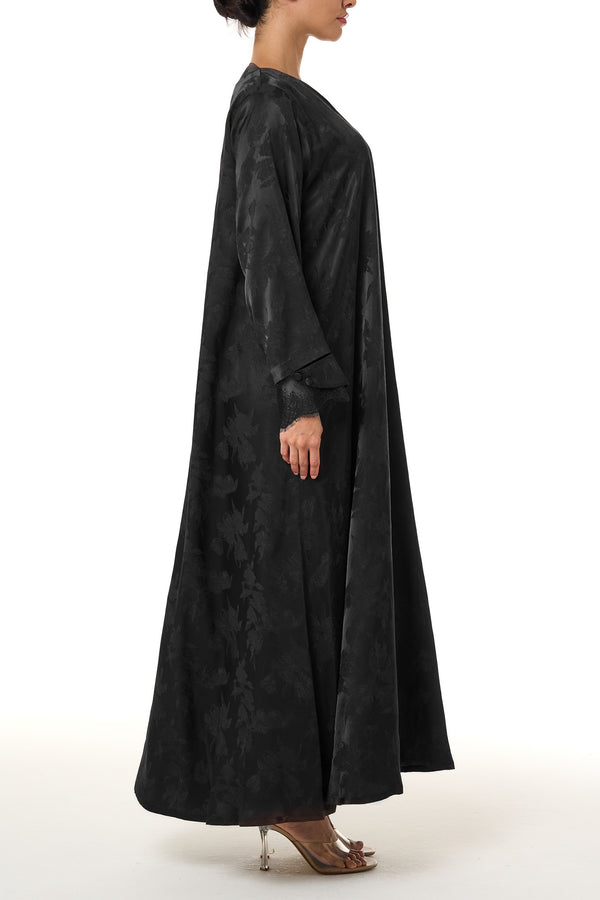 Black Shaina Jacquard Abaya, Lace Detail