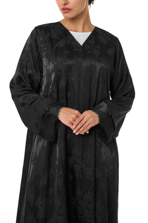 Black Shaina Jacquard Abaya, Lace Detail