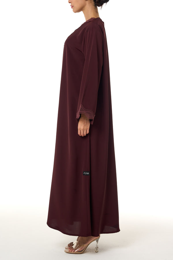 Maroon Amani Nada Abaya, Lace Detail