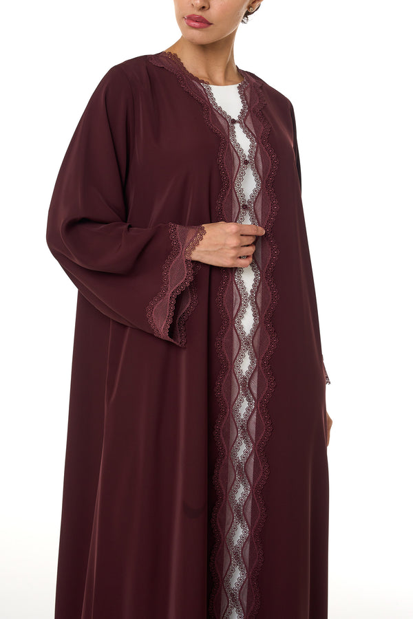 Maroon Amani Nada Abaya, Lace Detail