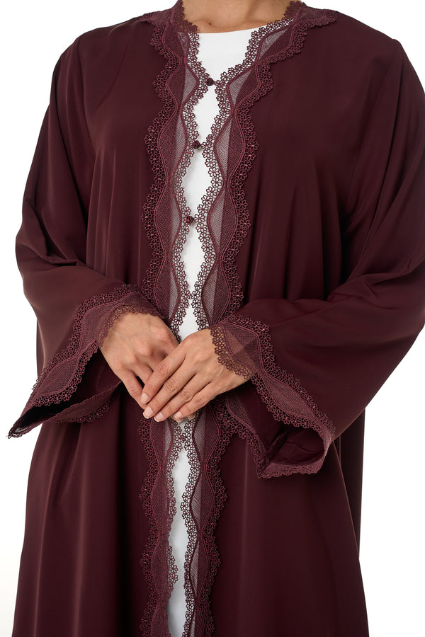 Maroon Amani Nada Abaya, Lace Detail