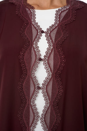 Maroon Amani Nada Abaya, Lace Detail