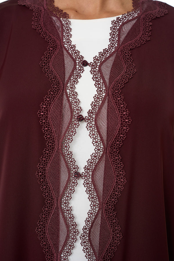 Maroon Amani Nada Abaya, Lace Detail