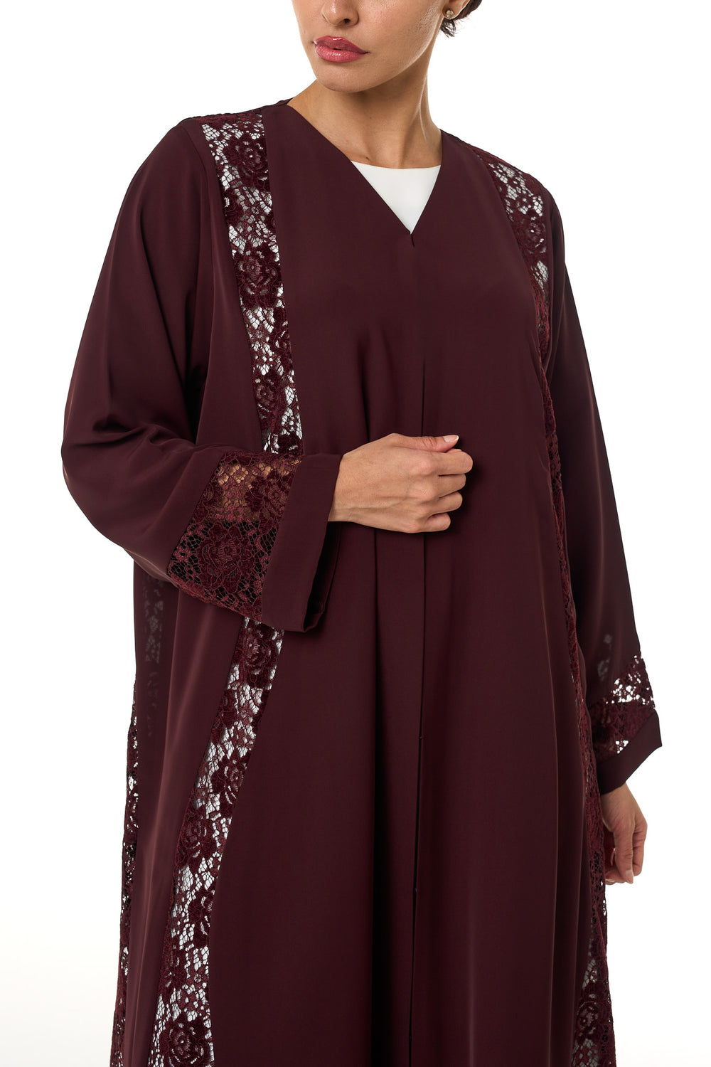 Maroon Layan Crepe Abaya, Lace Detail